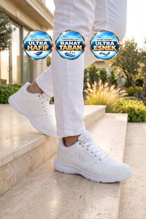 Erkek Beyaz Bağcıklı Hafif Esnek Yürüyüş ve Spor Ayakkabı Sneaker Core 020