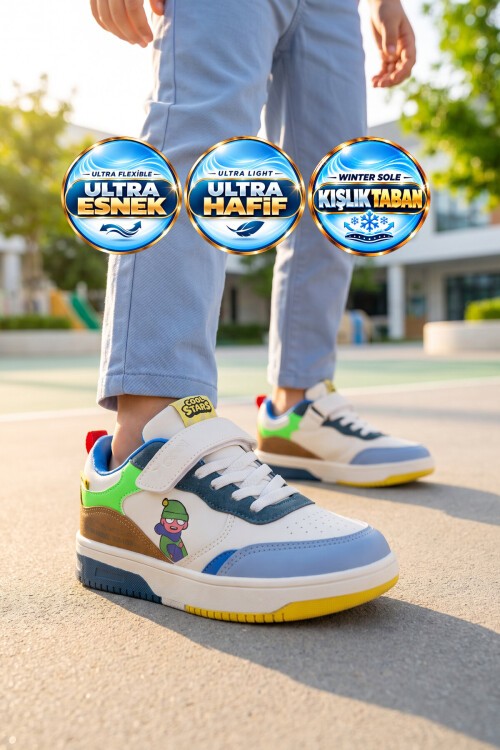 Beyaz-Kahve Erkek Çocuk Yürüyüş ve Spor Ayakkabı Cırt Bantlı Kalın Rahat Taban Sneaker Star 26K