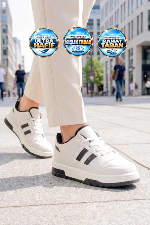 Unisex Beyaz-Siyah Bağcıklı Sneaker Kalın Tabanlı Yürüyüş ve Spor Ayakkabı Foor