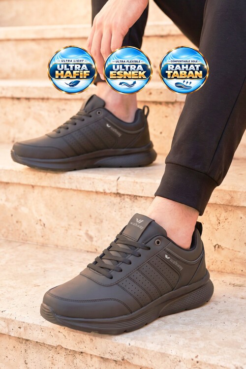 Erkek Bağcıklı Hafif Esnek Siyah Yürüyüş ve Spor Ayakkabı Sneaker Wood 4040