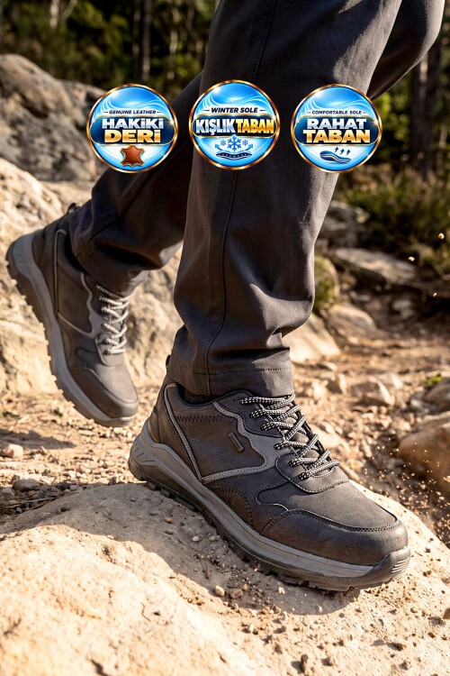 Erkek Bağcıklı Kaymaz Tabanlı Su İtici Siyah Hakiki Deri Outdoor Trekking Ayakkabı 2526