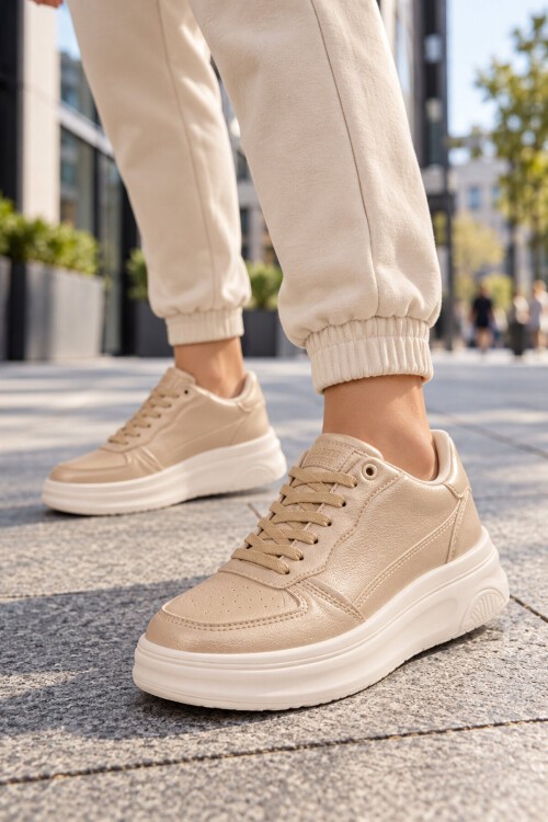 Unisex Gold Bağcıklı Snekaer Kalın Tabanlı Yürüyüş ve Spor Ayakkabı Code