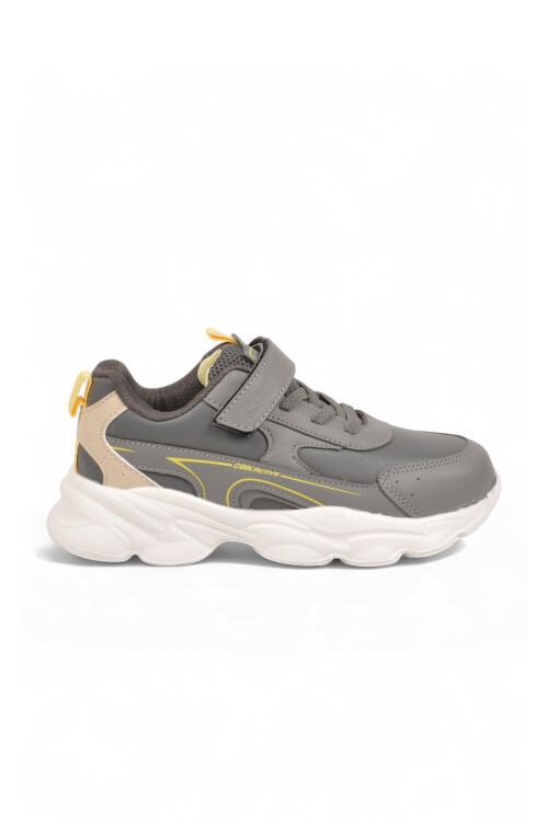 Gri Unisex Çocuk Yürüyüş ve Spor Ayakkabı Cırtt Bantlı Kalın Taban Sneaker Kornos