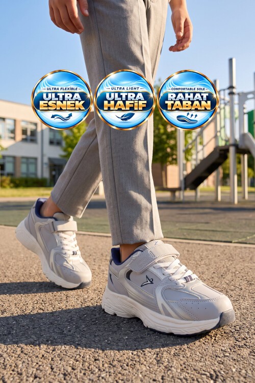 Gri Erkek Çocuk Yürüyüş ve Spor Ayakkabı Cırt Bantlı Kalın Rahat Tabanlı Sneaker Terra 26K