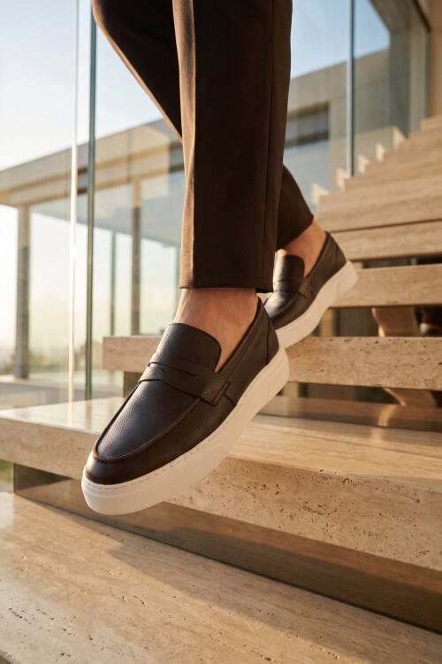 Erkek Kahve-Beyaz Hakiki Deri Casual Loafer Ayakkabı 272305