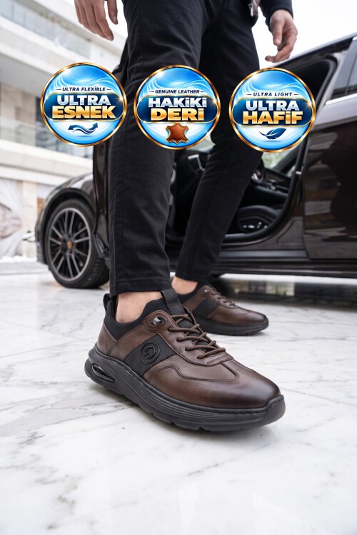 Kahve Hakiki Deri Erkek Casual Ayakkabı Şık Rahat Tabanlı Bağcıklı Sneaker 26K540-3