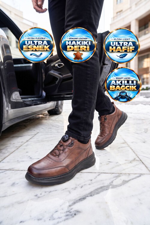 Kahve Hakiki Deri Erkek Casual Ayakkabı Şık Rahat Akıllı Bağcıklı Sneaker 26K541-1