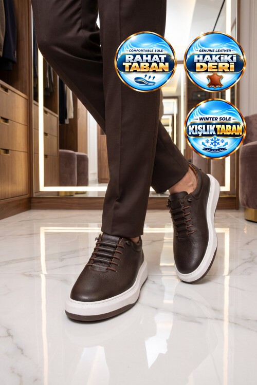 Kahve Hakiki Deri Erkek Sneaker Lastik Bağcıklı Kalın Rahat Taban Casual Ayakkabı 272304