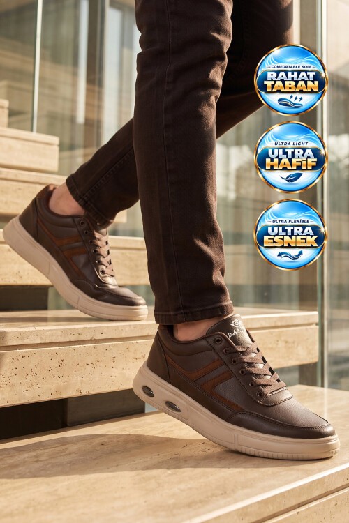 Erkek Kahve Casual Ayakkabı Bağcıklı Cilt Hafif Esnek Yürüyüş Ayakkabı Sneaker 128 Cilt