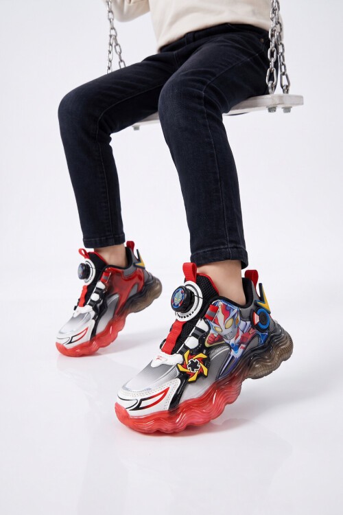 Akıllı Bağcıklı Desenli Kalın Tabanlı Kırmızı Unisex Çocuk Spor Ayakkabı Sneaker Kalen