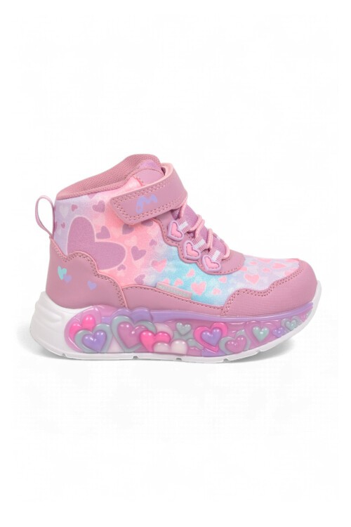 Kız Çocuk Su Geçirmez Işıklı Desenli Pembe-Lila Cırt Bantlı Sneaker Bot Montana