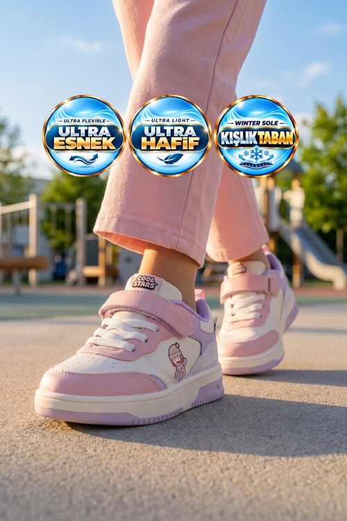 Pudra Kız Çocuk Yürüyüş ve Spor Ayakkabı Cırt Bantlı Kalın Rahat Taban Sneaker Star 26K