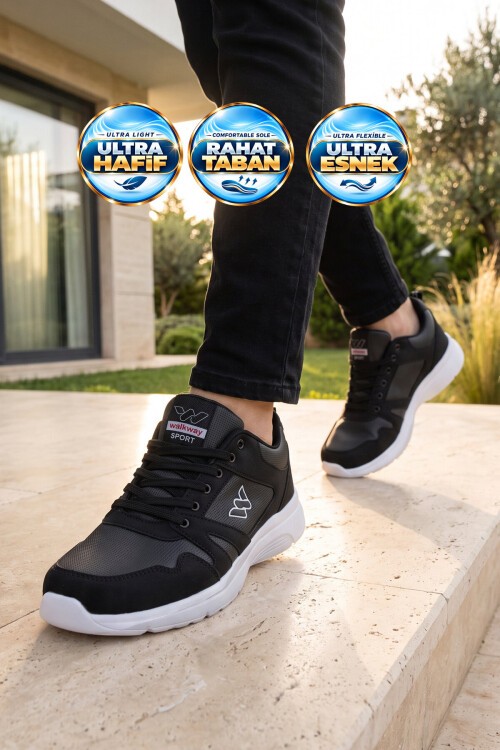 Erkek Siyah-Beyaz Bağcıklı Hafif Esnek Yürüyüş ve Spor Ayakkabı Sneaker Core 020