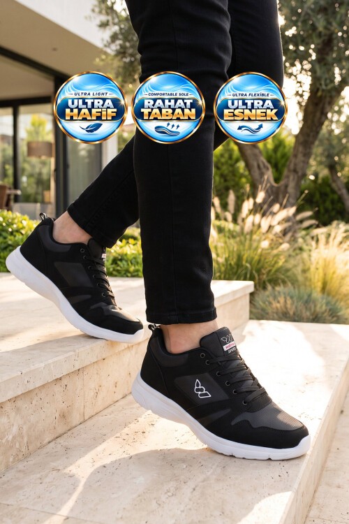 Erkek Siyah-Beyaz Büyük Numara Bağcıklı Hafif Esnek Yürüyüş ve Spor Ayakkabı Sneaker Core 020