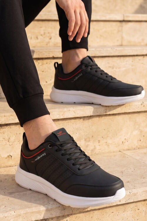 Erkek Bağcıklı Hafif Esnek Siyah-Beyaz Yürüyüş ve Spor Ayakkabı Sneaker Wood 4040