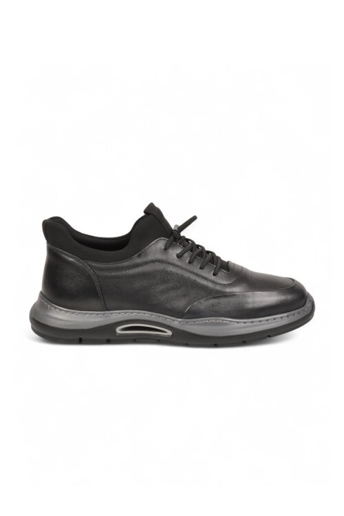 Lastik Bağcıklı Kauçuk Tabanlı Sneaker Şık Rahat Siyah-Füme Hakiki Deri Erkek Casual Ayakkabı HZ2844-8225