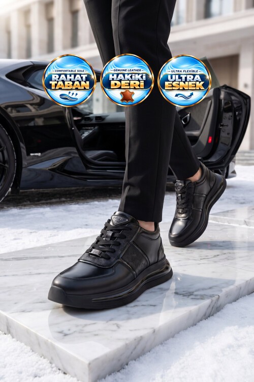 Erkek Siyah Hakiki Deri Bağcıklı Casual Ayakkabı Rahat Şık Sneaker 152-24176