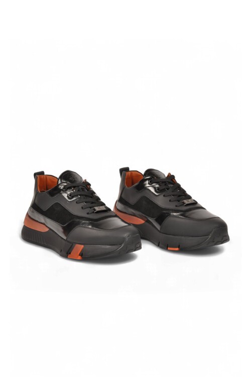 Erkek Siyah Hakiki Deri Casual Ayakkabı Bağcıklı Rahat Tabanlı Şık Sneaker 152-24251