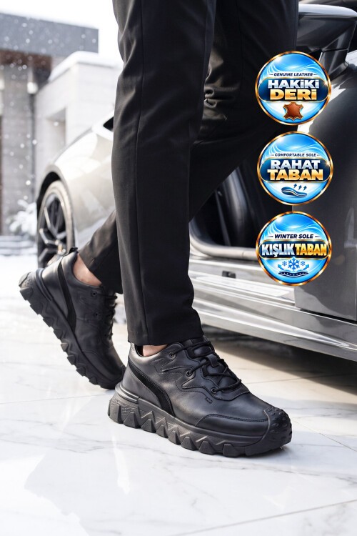 Erkek Siyah Hakiki Deri Casual Ayakkabı Bağcıklı Rahat Tabanlı Şık Sneaker 152-24252