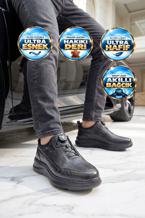 Siyah Hakiki Deri Erkek Casual Ayakkabı Şık Rahat Akıllı Bağcıklı Sneaker 26K541-1
