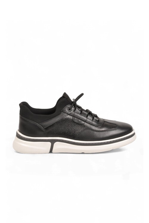 Lastik Bağcıklı Kauçuk Taban Sneaker Siyah Hakiki Deri Şık Rahat Erkek Casual Ayakkabı HZ2420-KS016