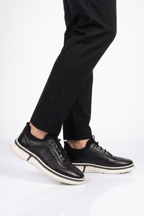 Lastik Bağcıklı Kauçuk Taban Sneaker Siyah Hakiki Deri Şık Rahat Erkek Casual Ayakkabı HZ2420-KS016