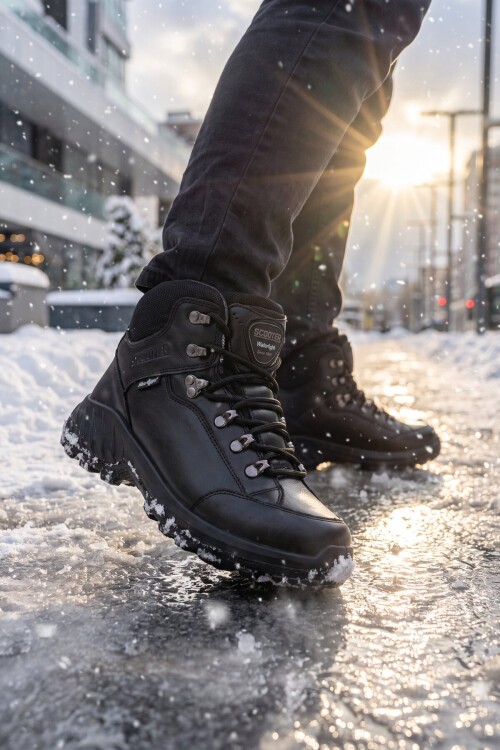 Erkek Siyah Hakiki Deri Su Geçirmez Kaymaz Tabanlı Outdoor Trekking Bot M4107