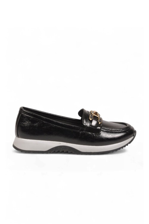 Toka Detaylı Kalın Tabanlı Şık Rahat Siyah Kırışık Kadın Casual Ayakkabı Loafer 062