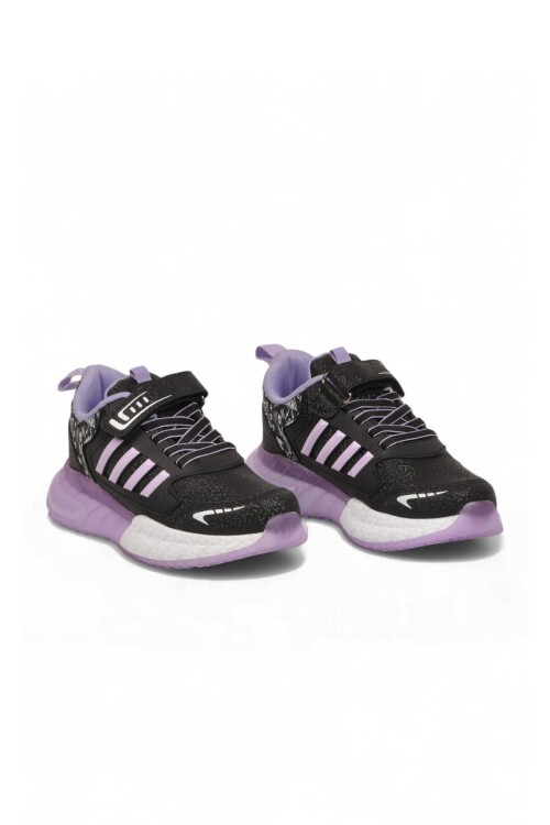 Siyah-Lila Kız Çocuk Spor Ayakkabı Cırt Bantlı Kalın Tabanlı Sneaker 748 Cilt
