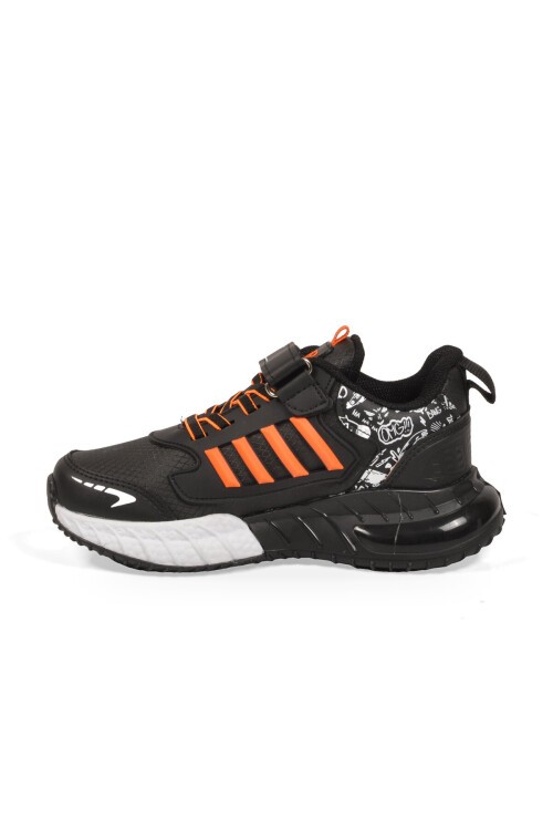 Siyah-Oranj Erkek Çocuk Spor Ayakkabı Cırt Bantlı Kalın Tabanlı Sneaker 748 Cilt