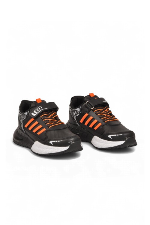 Siyah-Oranj Erkek Çocuk Spor Ayakkabı Cırt Bantlı Kalın Tabanlı Sneaker 748 Cilt