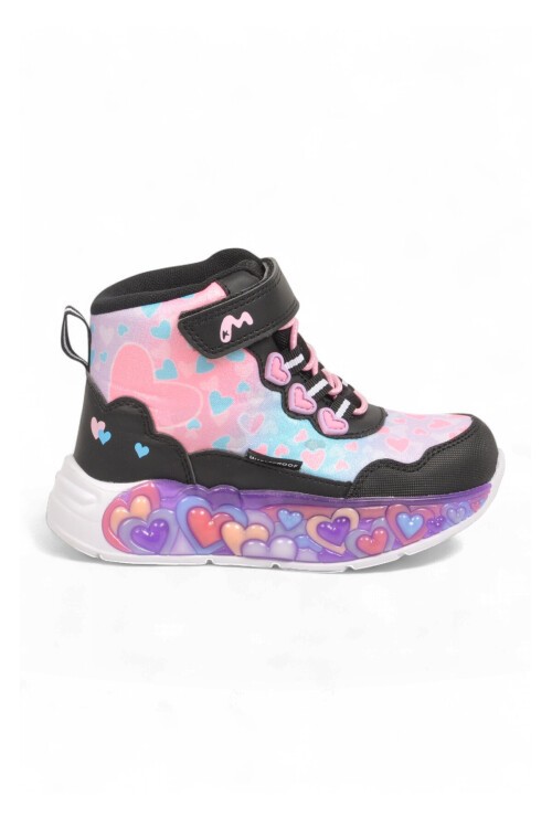 Kız Çocuk Su Geçirmez Işıklı Desenli Siyah-Pembe Cırt Bantlı Sneaker Bot Montana