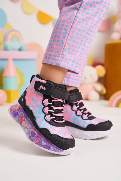 Kız Çocuk Su Geçirmez Işıklı Desenli Siyah-Pembe Cırt Bantlı Sneaker Bot Montana