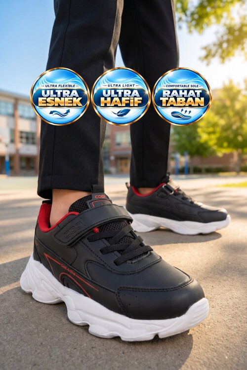 Siyah Unisex Çocuk Yürüyüş ve Spor Ayakkabı Cırtt Bantlı Kalın Taban Sneaker Kornos