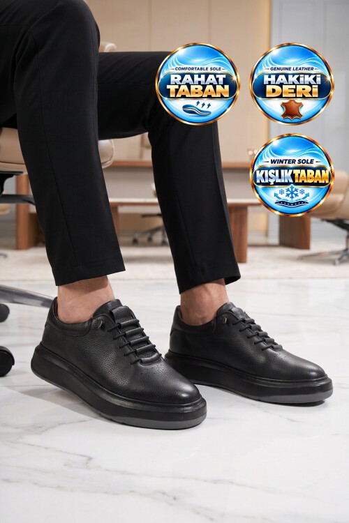 Siyah Hakiki Deri Erkek Sneaker Lastik Bağcıklı Kalın Rahat Taban Casual Ayakkabı 272304