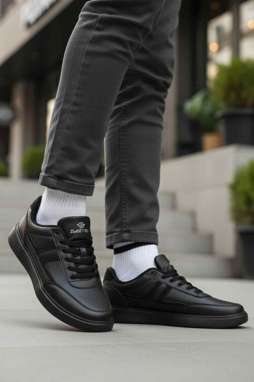 Erkek Siyah Casual Ayakkabı Bağcıklı Cilt Hafif Esnek Yürüyüş Ayakkabı Sneaker 128 Cilt
