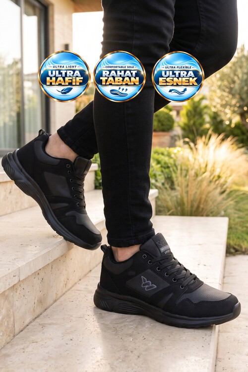 Erkek Siyah Bağcıklı Hafif Esnek Yürüyüş ve Spor Ayakkabı Sneaker Core 020