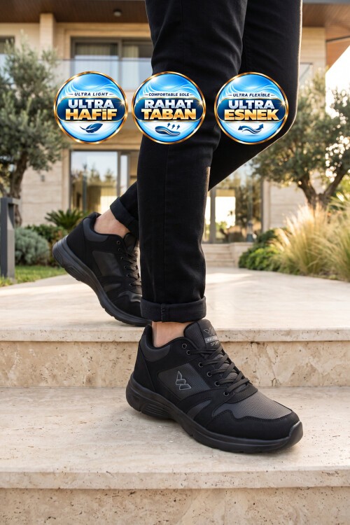Erkek Siyah Büyük Numara Bağcıklı Hafif Esnek Yürüyüş ve Spor Ayakkabı Sneaker Core 020