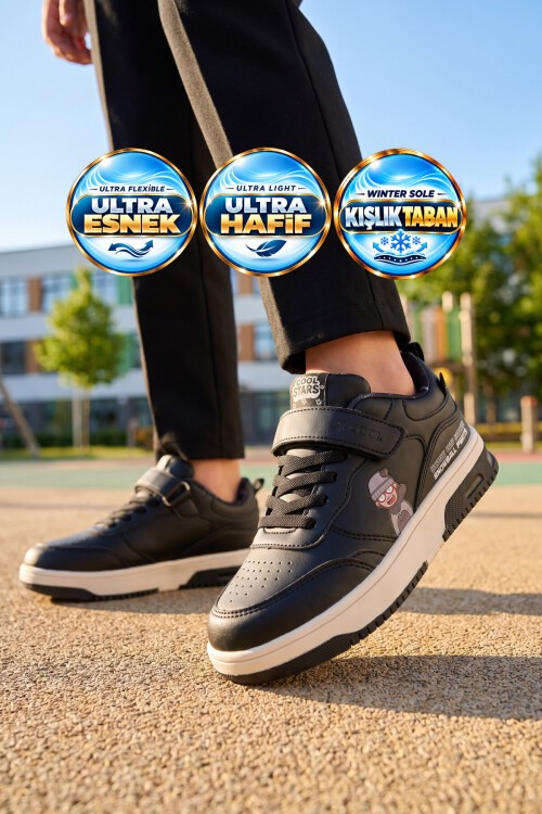 Siyah Erkek Çocuk Yürüyüş ve Spor Ayakkabı Cırt Bantlı Kalın Rahat Taban Sneaker Star 26K