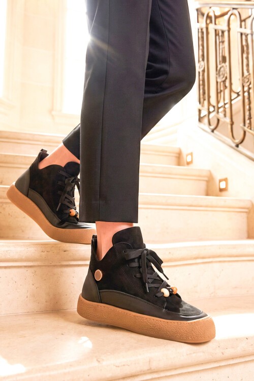 Kadın Siyah Aksesuar Bağcıklı Kadın Sneaker Bot 669267