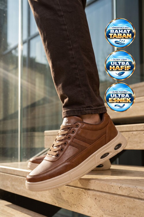 Erkek Taba Casual Ayakkabı Bağcıklı Cilt Hafif Esnek Yürüyüş Ayakkabı Sneaker 128 Cilt