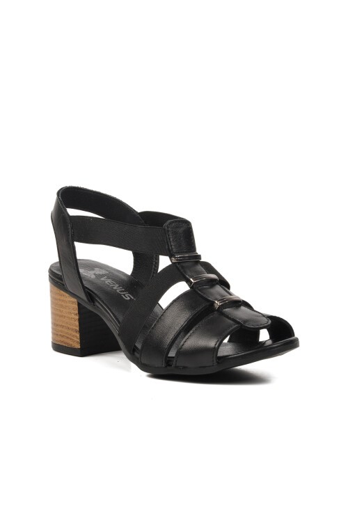 Venüs Siyah Hakiki Deri Kadın Topuklu Sandalet