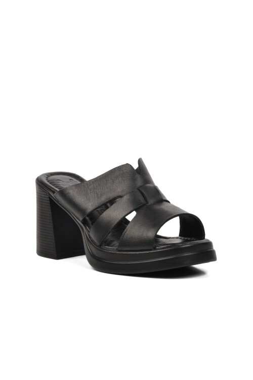 Venüs Siyah Hakiki Deri Kadın Topuklu Terlik