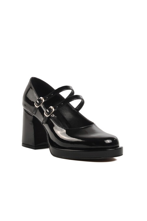 Ayakmod Siyah Rugan Kalın Topuk Kadın Topuklu Ayakkabı