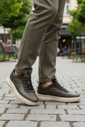 Haki Hakiki Deri Lastik Bağcıklı Memory Foarm Erkek Günlük Ayakkabı 152-22487 M