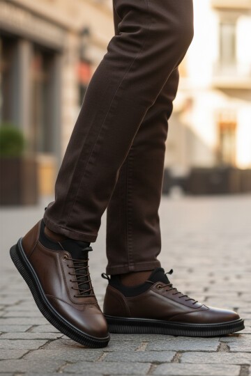 Kahve Hakiki Deri Lastik Bağcıklı Erkek Günlük Ayakkabı 2517 M