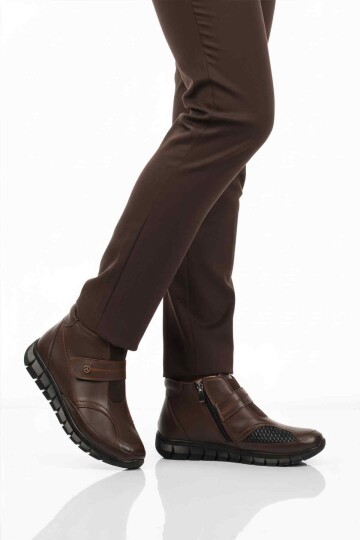 Kahve Hakiki Deri Kaymaz Taban İçi Polarlı Kadın Bot 3609 Z