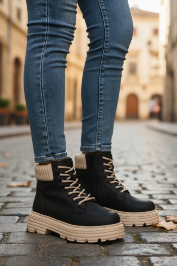 Siyah-Bej İçi Polarlı Fermuarlı Kadın Bot Serpa 5200 Z