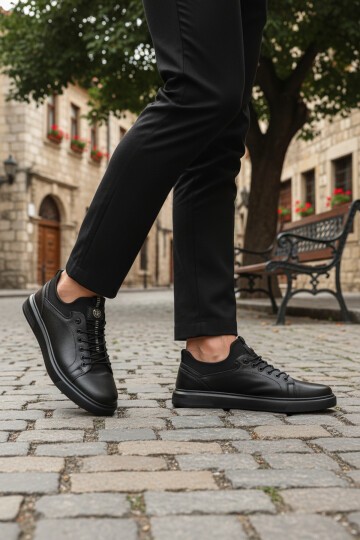Siyah Hakiki Deri Lastik Bağcıklı Anatomik Taban Erkek Günlük Ayakkabı 140 M