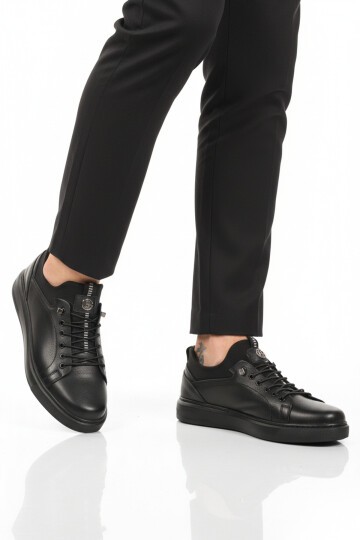 Siyah Hakiki Deri Lastik Bağcıklı Anatomik Taban Erkek Günlük Ayakkabı 140 M